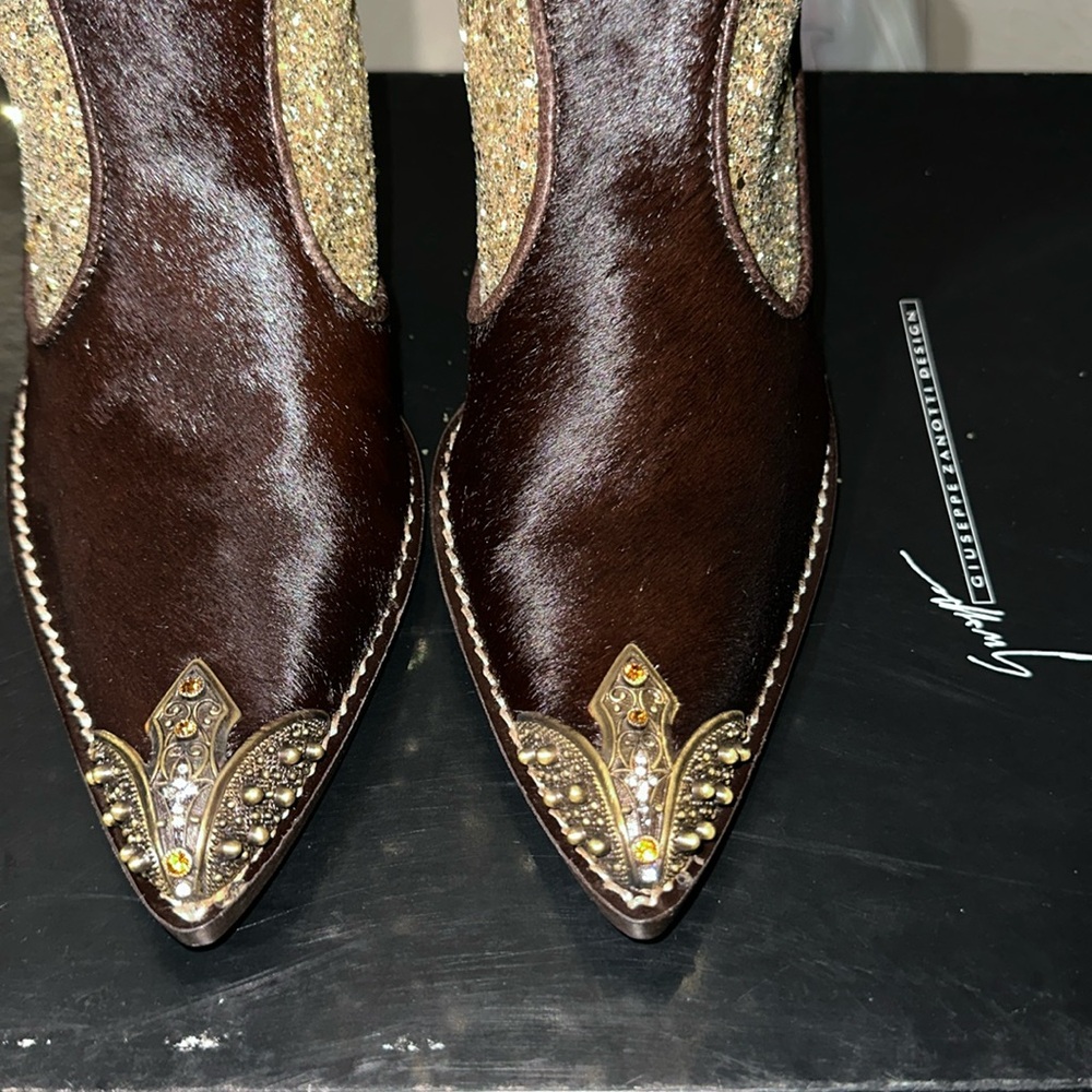 Giuseppe Zanotti Gold Sparkle and Brown Heeled Boots - Picture 4 of 6